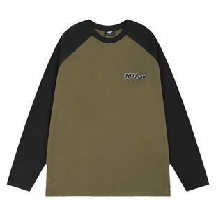 404MOB秋季基础重磅星标魔术纯棉插肩长袖T恤男美式撞色拼接打底