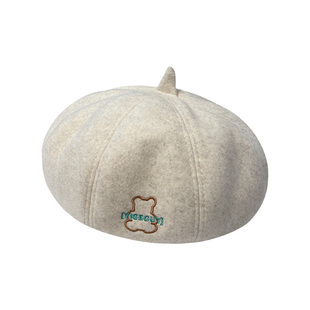 帽子女秋冬季小熊毛呢贝雷帽日系卡通刺绣画家帽女冬天保暖南瓜帽