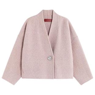 EXCEPTION例外女装秋冬款绵羊毛保暖斜襟交叠领金属扣毛呢外套女