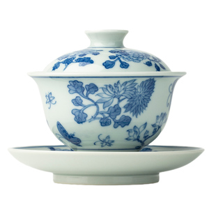 三勤堂手绘青花蝶恋花马蹄套组景德镇陶瓷功夫高档家用主人杯盖碗