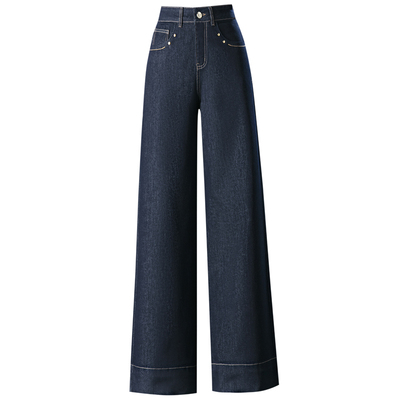 雅鹿仿牛仔直筒裤子女2025新款今年流行春秋丹宁蓝高腰窄版阔腿裤