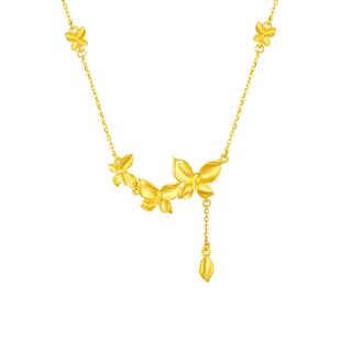 周大生黄金项链足金拉丝蝶恋花套链锁骨链花朵吊坠生日礼物送女友