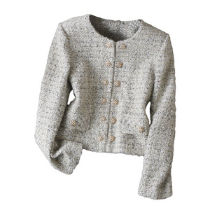 法式小资~嵌闪亮丝夹花线编织感双排金扣修身显瘦短款外套上衣女