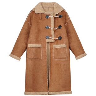 FF BLUE 5G入冬韩系不规则牛角扣毛茸保暖麂皮羊羔毛棕色大衣外套