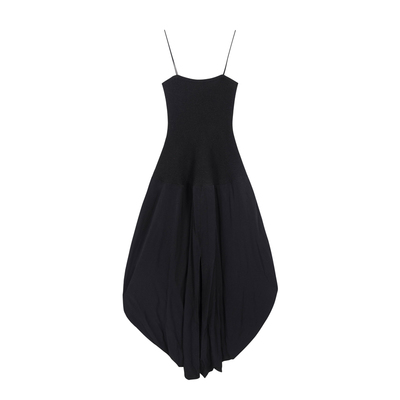 黑色抹胸长裙垂坠花苞吊带连衣裙