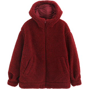 诺诺公主S1N 初中生韩系休闲加厚外套女冬季新年红连帽羊羔毛棉服