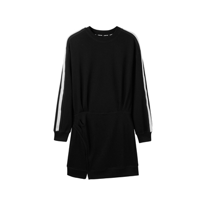 U/TI黑色拼条运动感连衣裙女百搭简约收腰卫衣裙尤缇时尚秋季新款