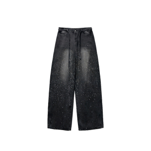 楠哥微胖美式街头风满天星烫钻高腰牛仔裤女大码宽松直筒胖mm裤子