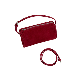 TR笔筒包女真皮2025秋新款90s小众高级感极简麂皮绒红色手提斜挎