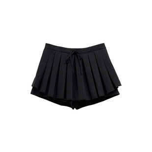 米米子微胖大码胖mm“出格漫画腿”时尚气质高腰纹系带纯色百褶裙