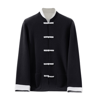 中国风新中式纯羊毛开衫男士圆领盘扣红色针织开衫本命年毛衣外套