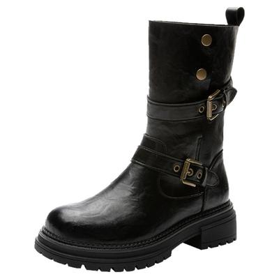 大东官方正品黑色厚底中筒靴粗跟