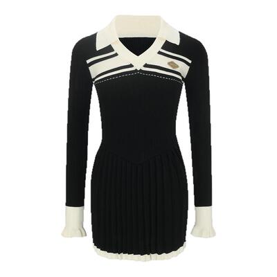 黑色撞色学院polo高级感连衣裙女