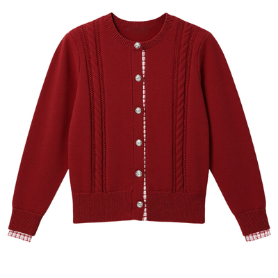 fragileheart易碎商店·红色假两件立体绞花上衣拼接格子针织开衫