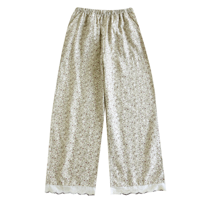 夏季纯棉纱布碎花阔腿家居裤女