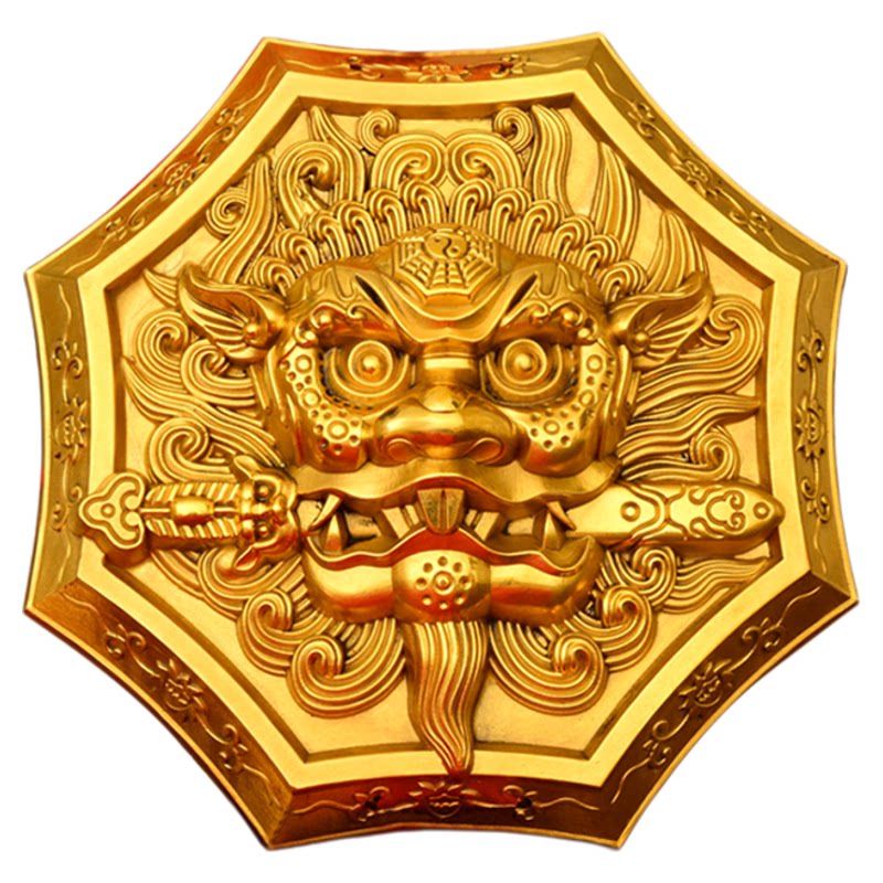 黄铜狮咬剑八卦镜门神挂件