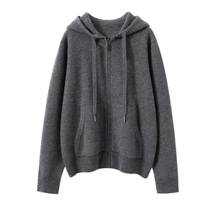 空气层加厚!100%纯山羊绒衫女连帽拉链开衫减龄宽松针织外套显瘦