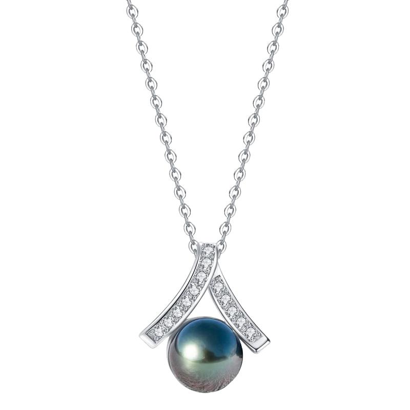 THESHE天然大溪地黑珍珠吊坠女S925纯银项链女送妈妈老婆生日礼物