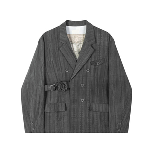 TAM TUAS【圣歌】植物染棉麻提花宫廷胸花腰带双排扣平驳领西装