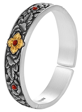 银千造 吉祥如意足银999实心手工银手镯牡丹花银镯子开口款送妈妈