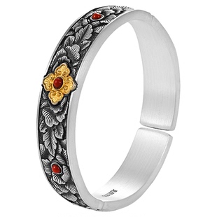 银千造 吉祥如意足银999实心手工银手镯牡丹花银镯子开口款送妈妈