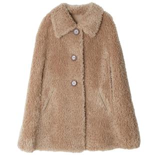 悦空间羊剪绒斗篷大衣女士时尚毛呢外套秋冬中长款无袖单排扣高端