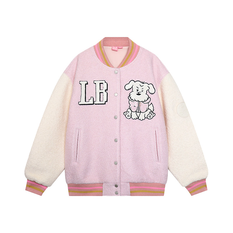【卓沅同款】LALABOBO25年冬新款美式棒球服小狗刺绣宽松毛呢外套