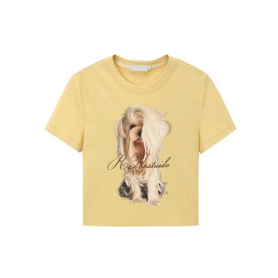 REVAN芮范设计师款小狗印花嫩黄色针织T恤RL11001018