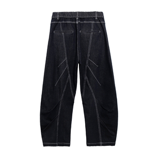 原创潮牌美式港风复古重工线条拼接解构裁剪休闲宽松弯刀牛仔裤男