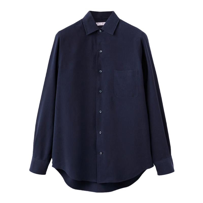 Loro Piana/诺悠翩雅男装尖领长袖蓝色丝绸商务休闲百搭衬衫