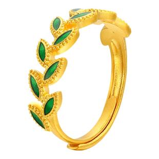 新金珠宝黄金戒指女足金珐琅柳叶戒指橄榄枝指环可调活口戒送女友