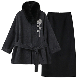 【远山黛】新中式国风秋冬刺绣羊毛大衣双面呢外套半裙套装 NY018