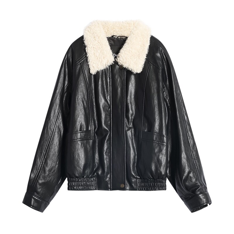 【90白鸭绒】Desigual26秋冬新品PU拼接仿羊羔毛翻领女式羽绒服