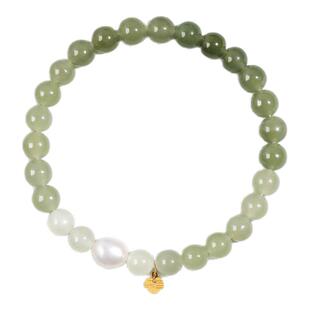 正品天然和田碧玉手链女款18K金平安锁巴洛克珍珠手串新中式玉石