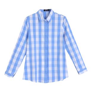 mm谢谢家 气场强大女装大码 蓝色洋气减龄轻奢高级感纯棉格子衬衫