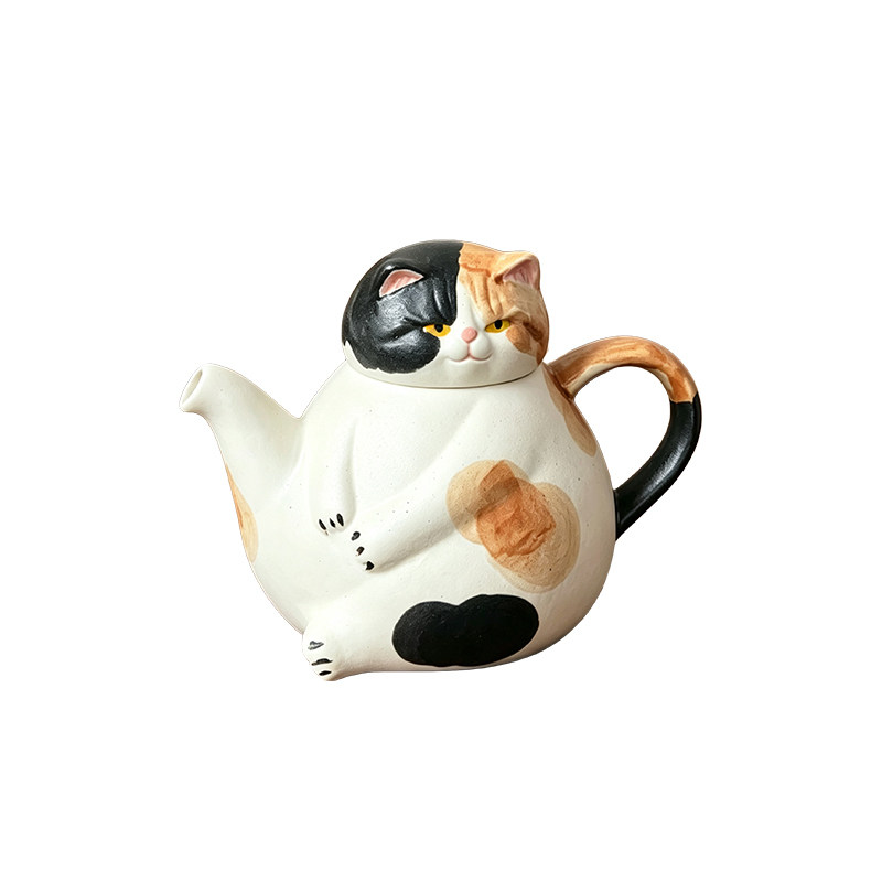 手工粗陶奶牛猫三花猫茶壶茶具