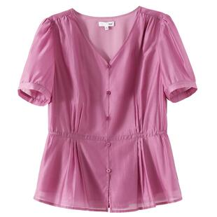 OSA欧莎法式V领收腰衬衫上衣女夏季新款气质显瘦薄款别致短袖衬衣