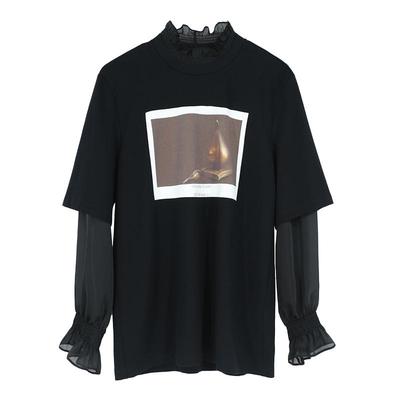 有尾女装假两件主题印花T恤