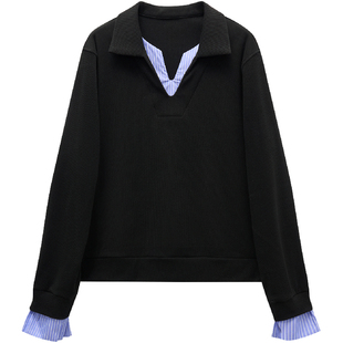 微胖的喵喵大码女胖mm秋季内搭假两件巨好看显瘦正肩上衣卫衣6166