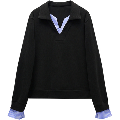 胖mm大码内搭假两件拼接翻领卫衣