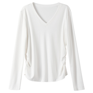 OSA欧莎V领收腰长袖t恤女春季2026年新款松弛感内搭正肩小白T上衣