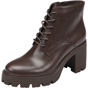 Hongkee/红科女靴子2024秋冬新款牛皮防水台高跟及踝女鞋H074S414