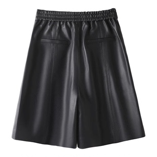 丝艺 绵羊皮真皮皮裤女短裤中裤宽松阔腿时尚高腰显瘦五分皮裤子