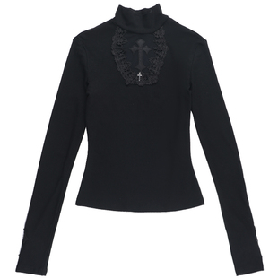 暗黑风长袖T恤女黑色镂空蕾丝蛋糕裙摆层次感哥特风上衣