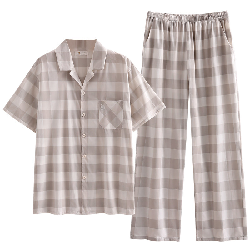 梭织棉纱布情侣睡衣男夏季纯棉短袖长裤家居服女夏天薄款大码套装