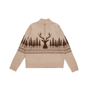 鹿王100%山羊绒衫女半高领拉链提花针织衫毛衣内搭保暖25年秋冬新