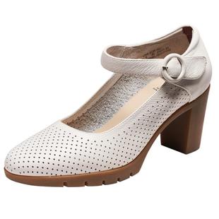 马内尔真皮夏季单鞋工作鞋妈妈鞋女鞋白色粗跟高跟鞋女配裙子的鞋