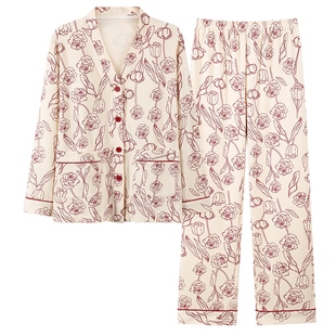 带胸垫一体睡衣女春秋款纯棉长袖和服冬季甜美碎花外穿家居服套装