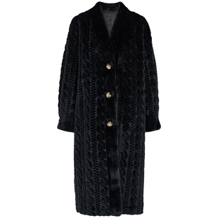 马天奴女装春秋新款黑色长款金貂绒大衣保暖气质肌理感外套外搭