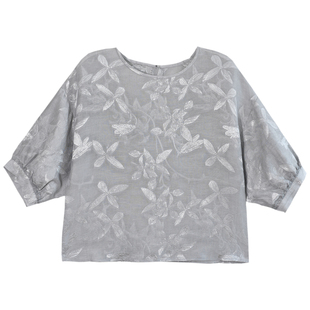 GESGOO高级感灰色真丝麻衬衫女夏季2025新款原创设计提花气质上衣